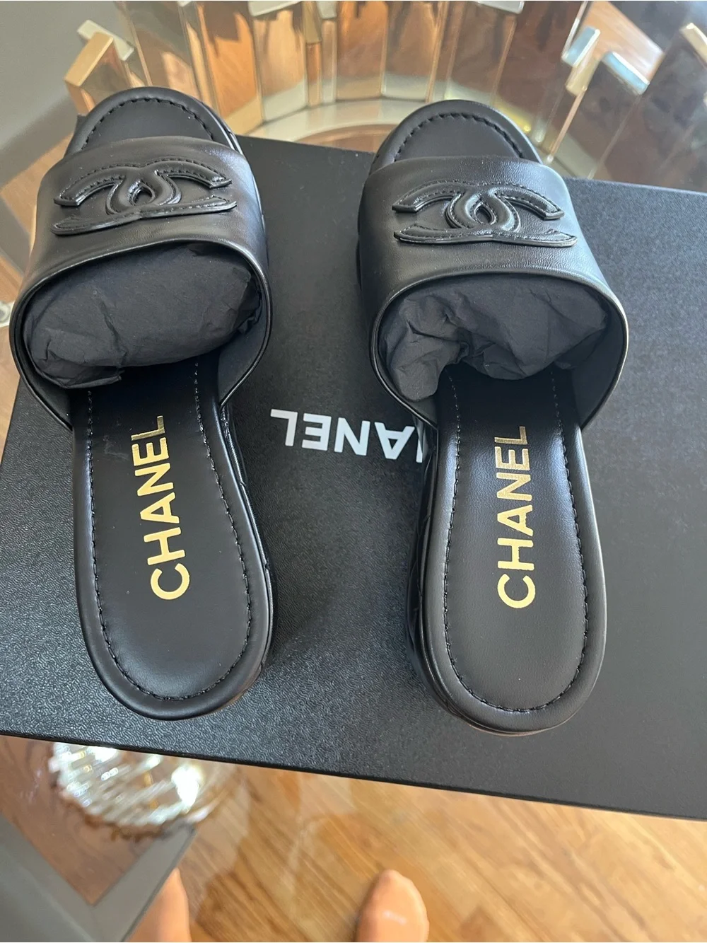 CHANEL Black Quilted Leather Platform Mules with CC Logo